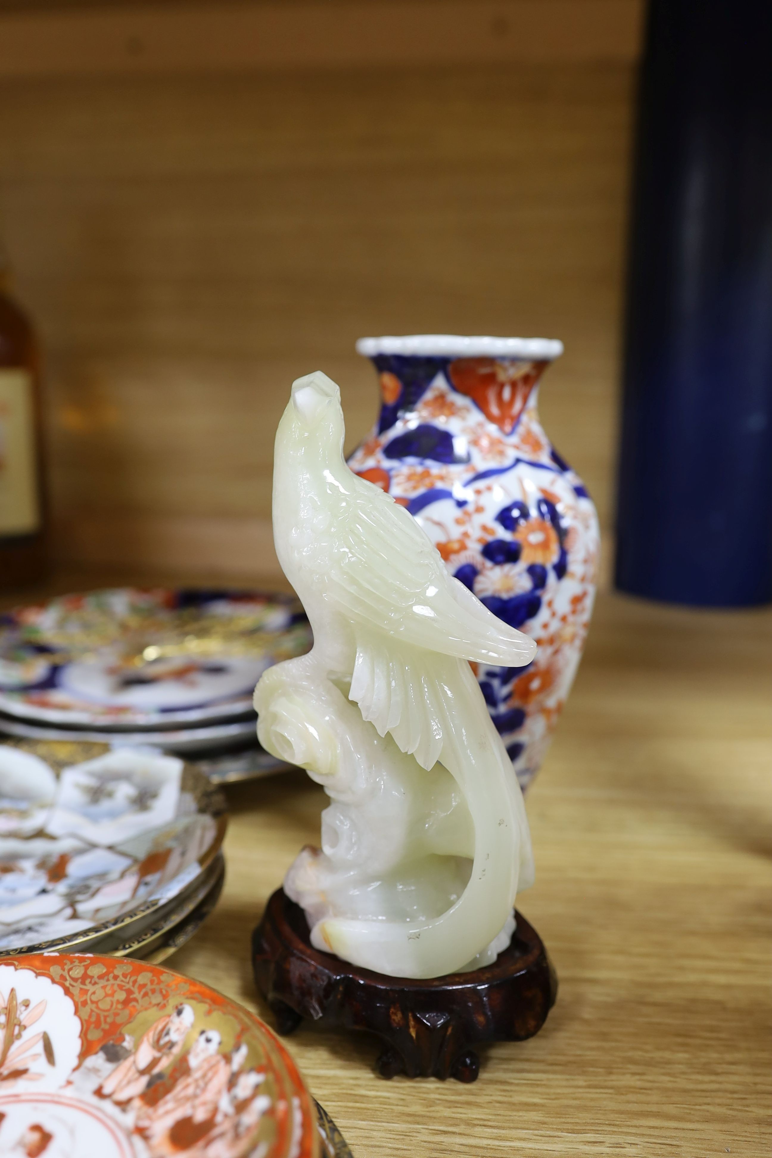 Selection of various Chinese and Japanese ceramics, together with a jade elephant and bowenite figure